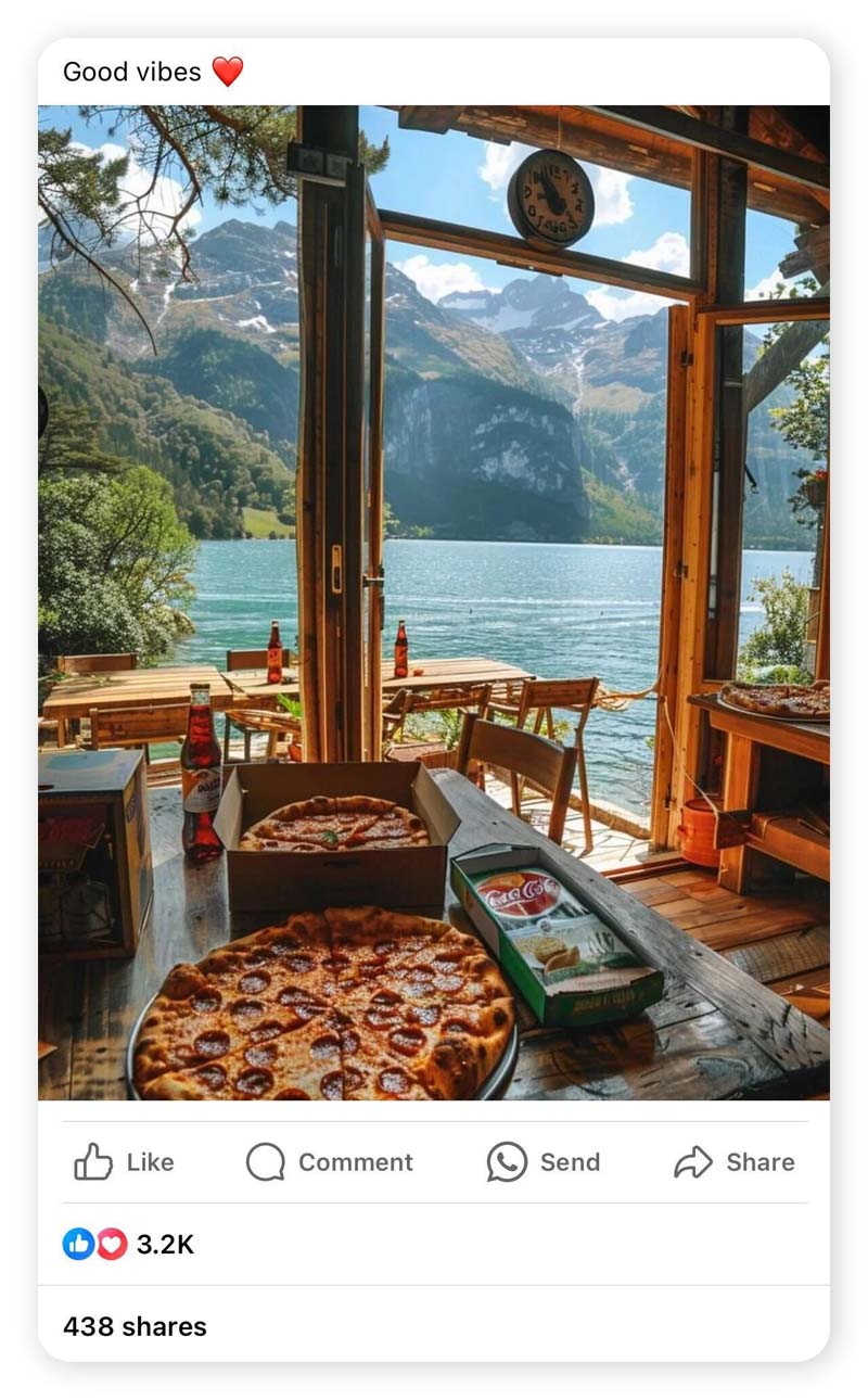 AI-generated social media spam depicting a view of a lake from a porch with pizza and beer. 