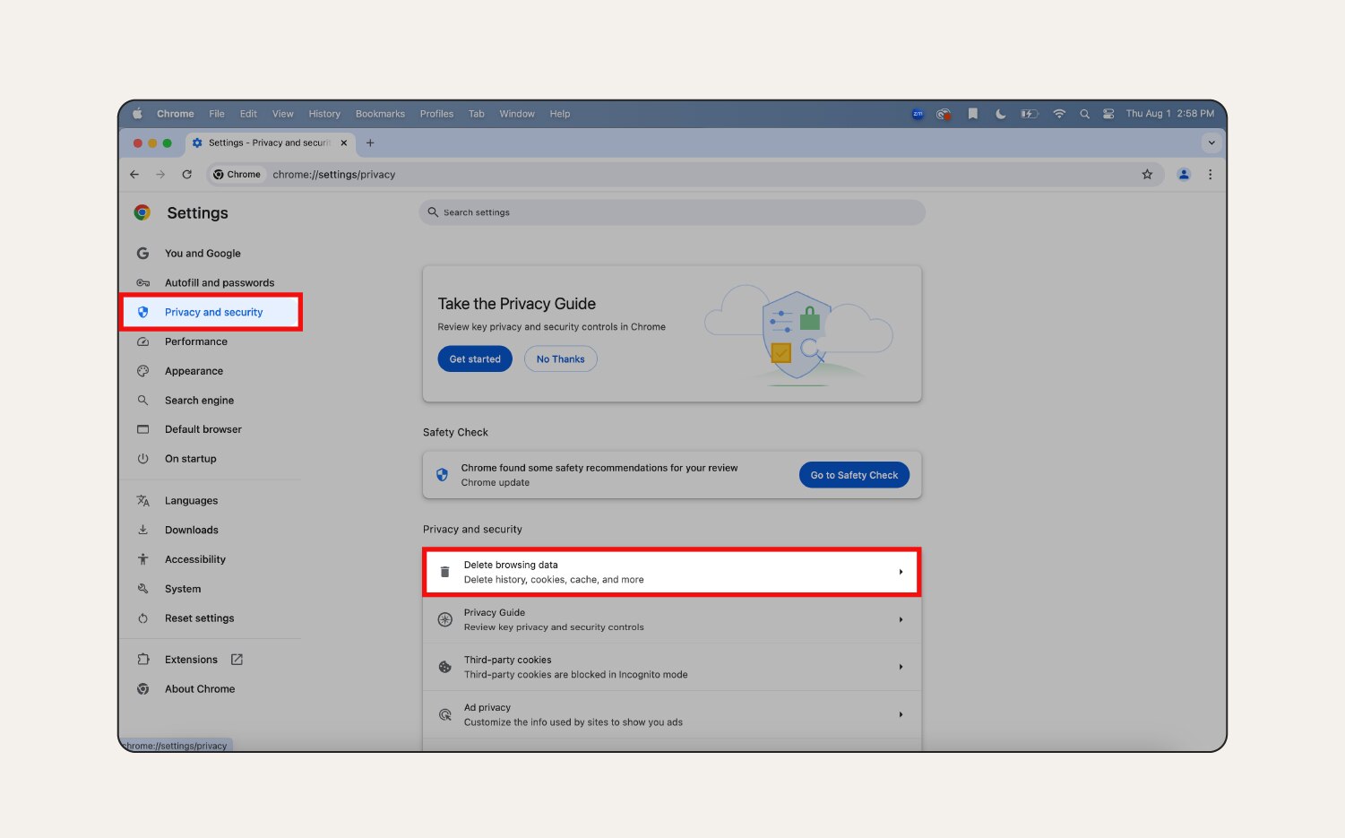 A screenshot of the “Privacy and security” settings in Chrome.