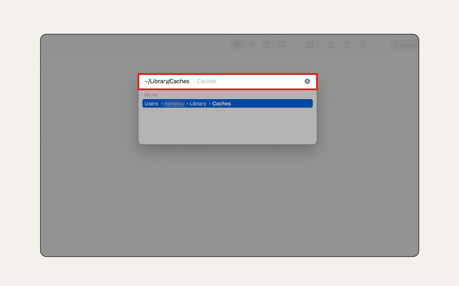 A screenshot of the ~/Library/Caches result in the “Go to Folder” menu.