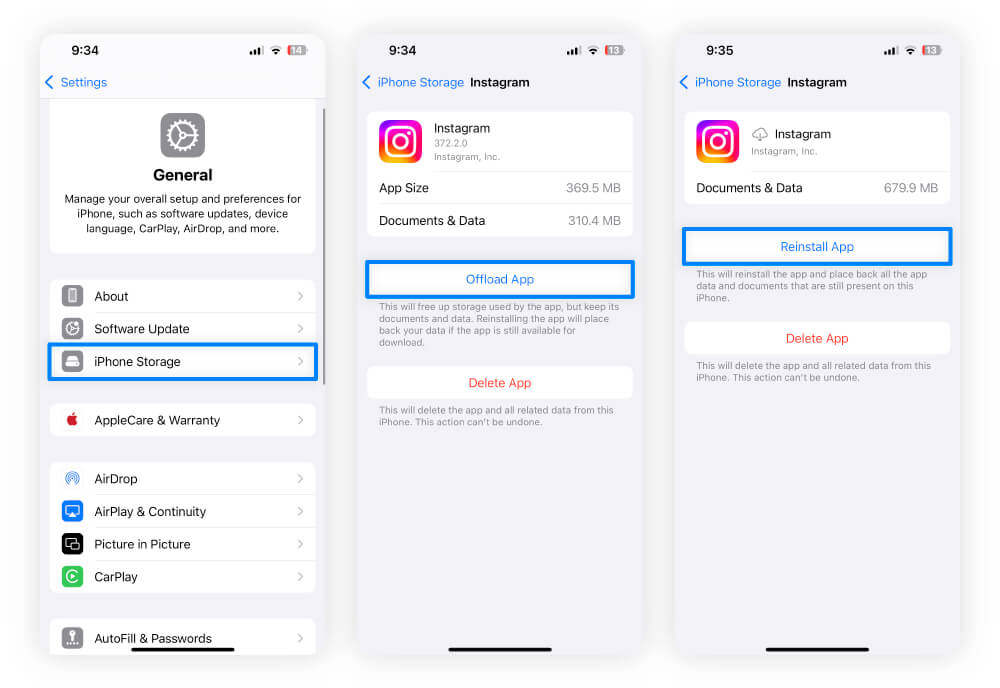 Screenshots from iOS settings with steps for how to clear the Instagram cache on your iPhone.