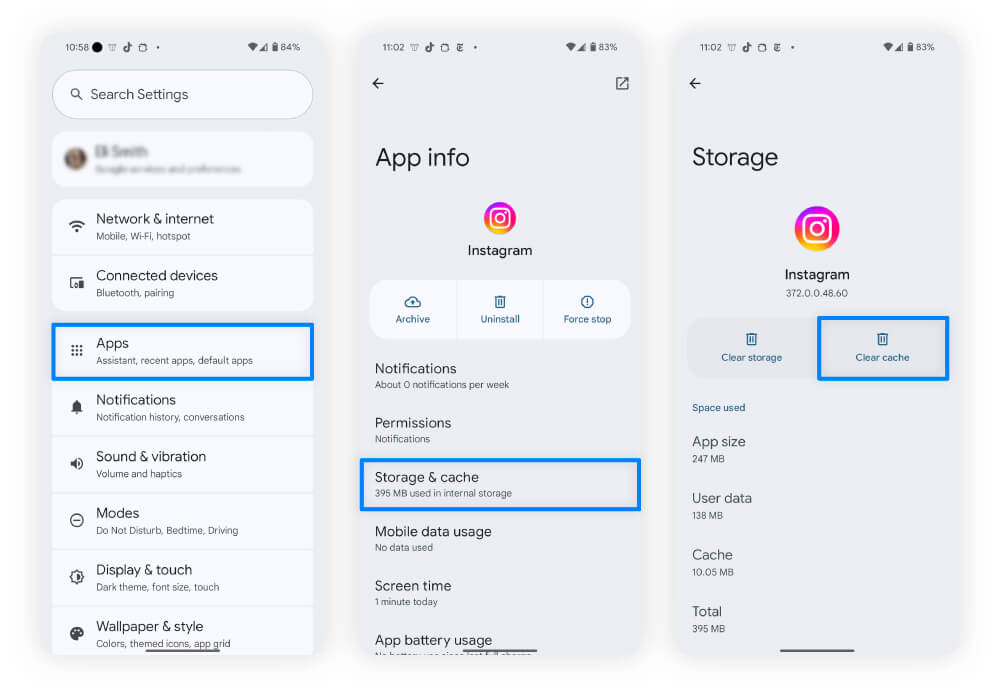 Screenshots with steps for how to clear the Instagram cache on your Android phone.