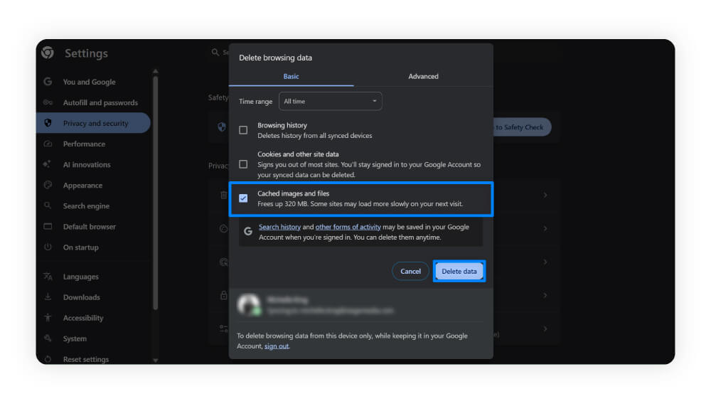 A screenshot from Chrome’s Privacy and security settings, showing how to clear cached images and files.