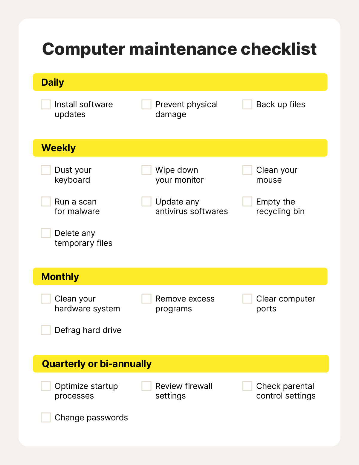 An editable checklist that shares daily, weekly, monthly, quarterly, and bi-annual computer maintenance tasks.