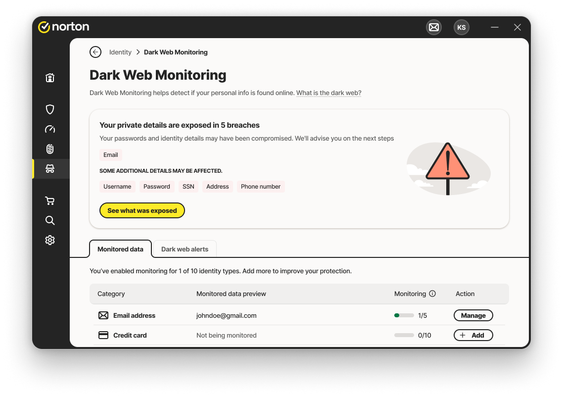 Screenshot of the Dark Web Monitoring feature in Norton 360 Deluxe.
