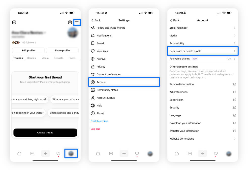 Screenshots showing how to delete the Threads app.
