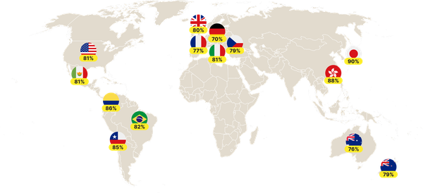 A world map showing what percent of respondents in different countries experienced loneliness.