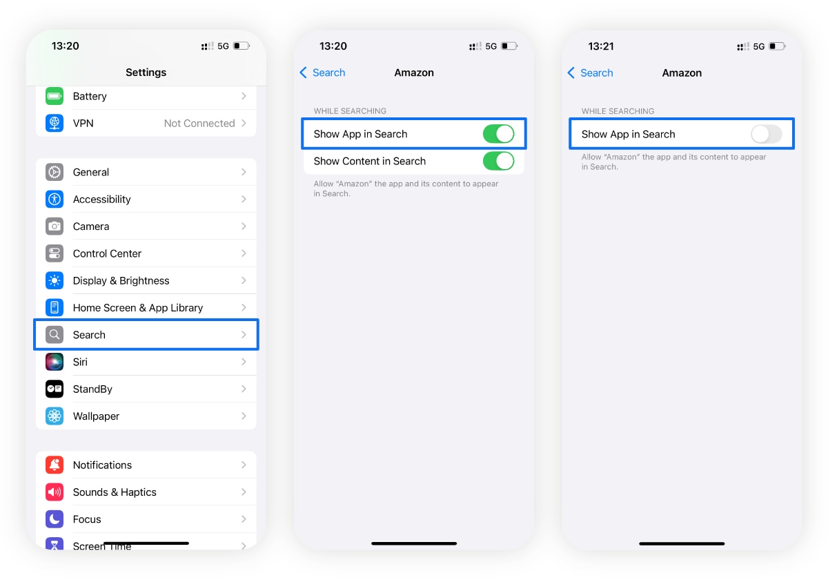 Image of iPhone screenshots providing directions for hiding iPhone apps from search.
