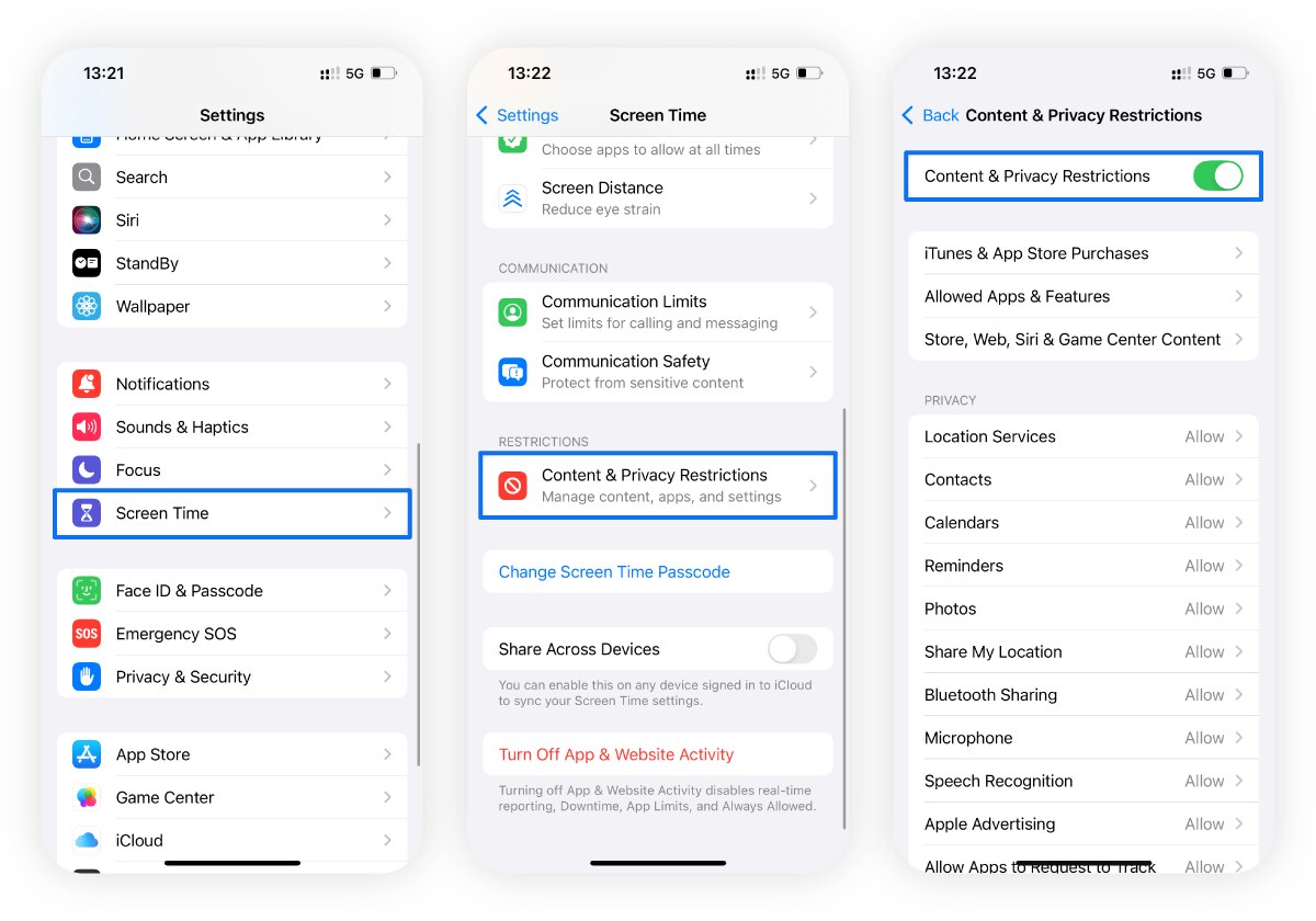 Image of iPhone screenshots providing directions for turning on Content & Privacy Restrictions on iPhone.