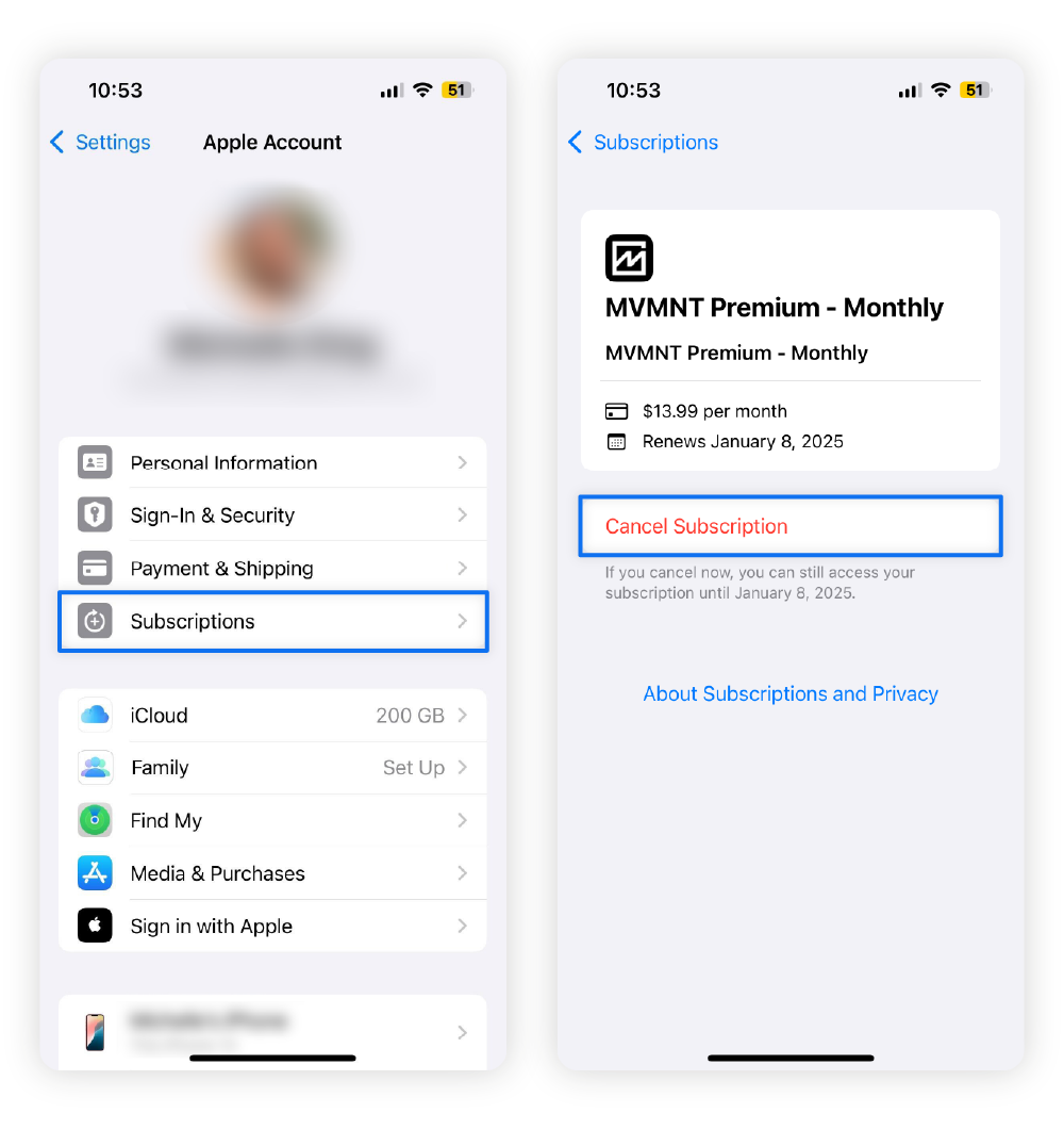  Two screenshots from Apple Subscriptions settings and instructions on how to cancel them.