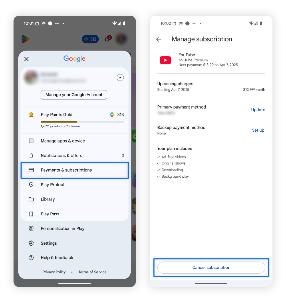 Two screenshots from Android settings and instructions on how to cancel them.