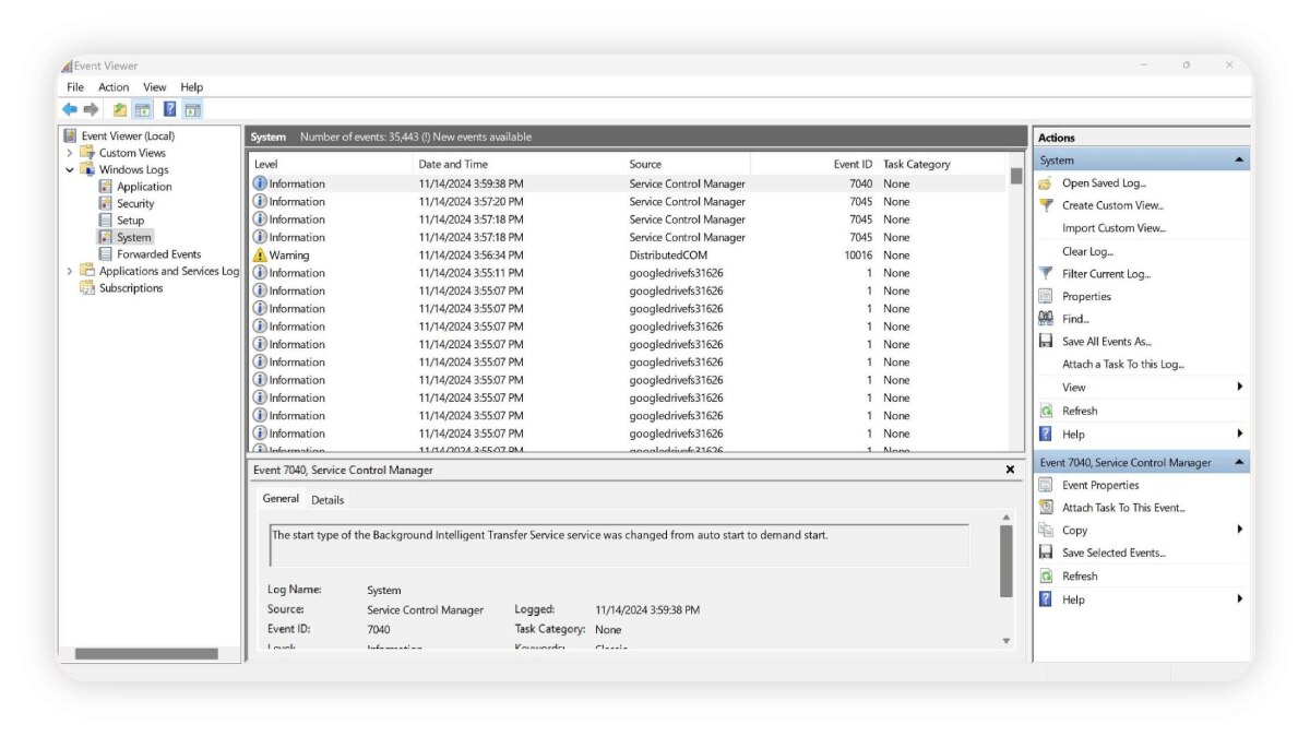 A screenshot of the Event Viewer on a Windows computer.