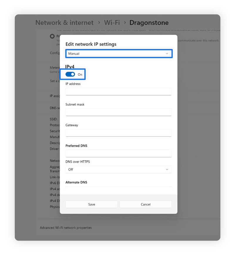 A screenshot showing how to change your local IP address on Windows manually.