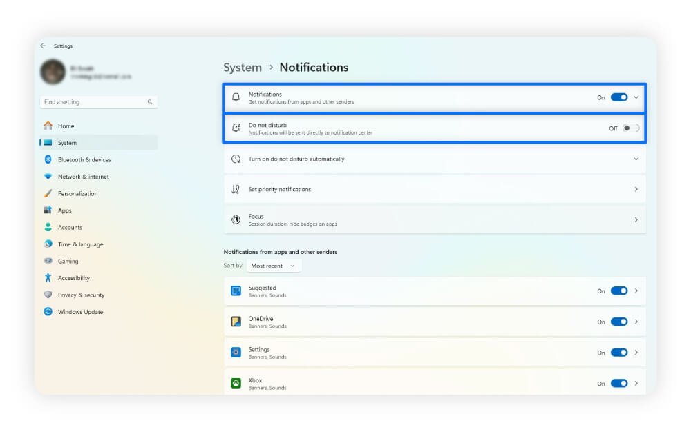 A screenshot showing how to disable notifications or turn on do not disturb mode on Windows.