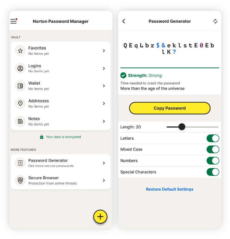 Two screenshots showing Norton Password Manager’s mobile interface and the password generator.