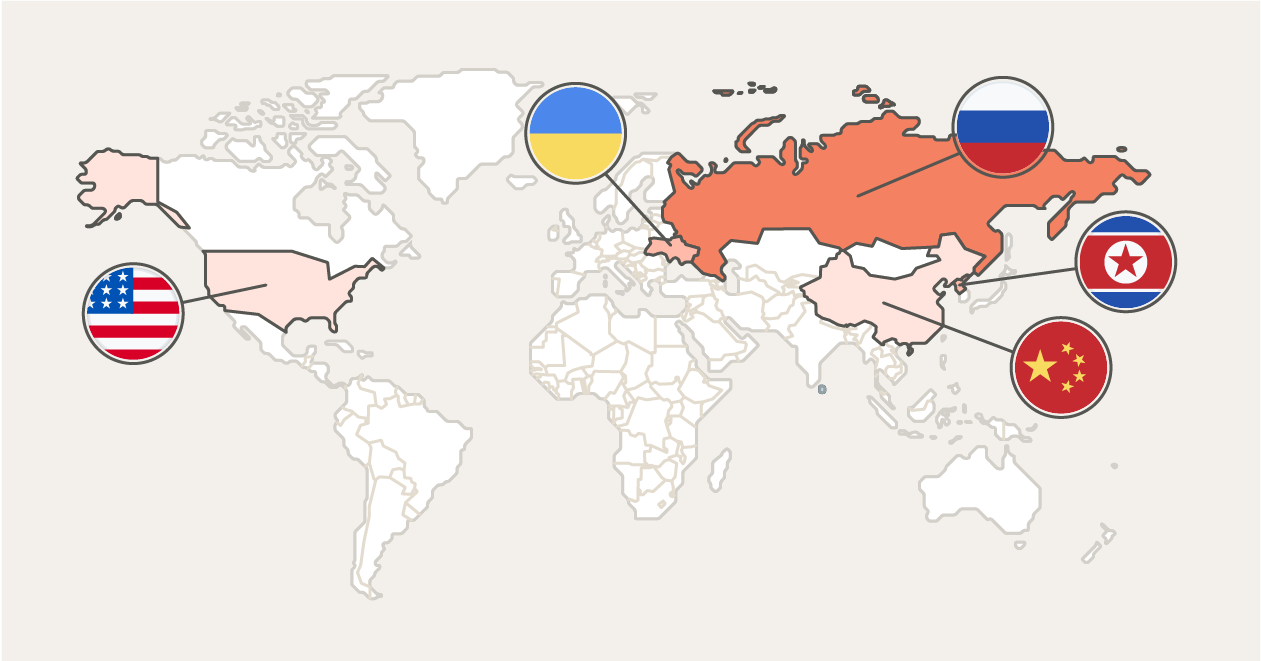 An illustration showing the countries where ransomware attacks originate the most.