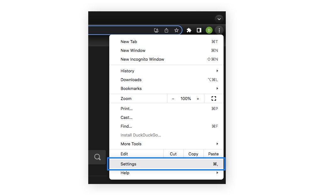 Selecting Settings within a Google Chrome browser window.
