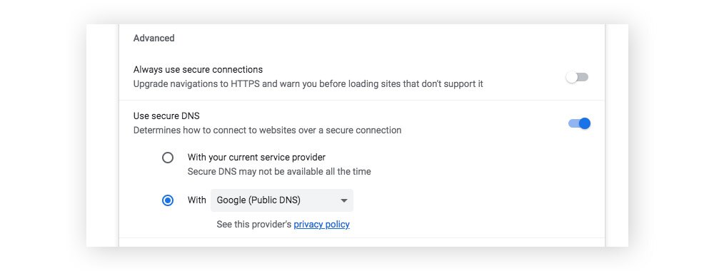Enabling secure DNS within Google Chrome's advanced privacy and security settings.